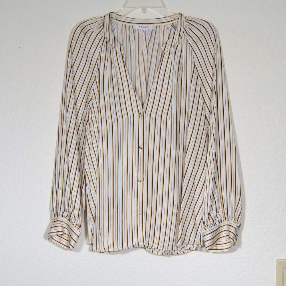 FRAME STRIPED RAGLAN BUTTON DOWN TOP, XLARGE